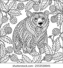 Bear in the raspberry bushes coloring page for adult and children. Black and white vector illustration.