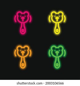 Bear Rattle Outline four color glowing neon vector icon