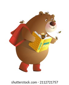 Bear read study a book about Honey with bees flying around. Cute Kids education cartoon, with Teddy bear studying reading a book. Vector children cartoon in watercolor style, isolated clipart.