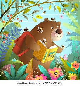 Bear read study a book about Honey in the forest with bees. Cute Kids cartoon with Teddy bear studying reading in forest. Vector children cartoon in watercolor style.