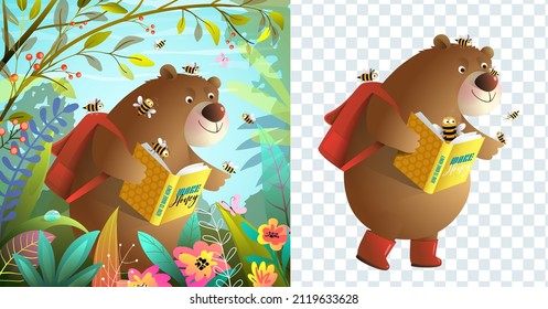 Bear read or study book in the forest with bees friends, illustration for kids story. Nature background, and bear isolated reading book. Vector children cartoon in watercolor style.