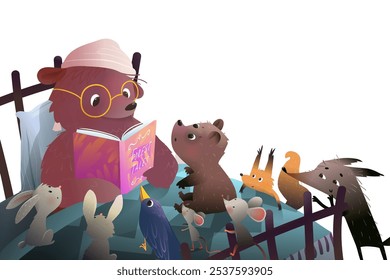 Bear reading a bedtime story book before sleep to cute forest animals. Squirrel rabbit wolf and baby bear listen to a fairytale book read at night time. Kids fairytale vector clipart Illustration.