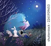 Bear reading a book to animals bunny and raccoon at night under the stars and full moon. Cute animals reading fairy tales in forest at night. Hand drawn artistic vector illustration for children.