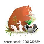 Bear reading a book to animals bunny and raccoon. Cute animals reading tales literature, learning and education illustration for kids. Hand drawn artistic vector clipart illustration for children.