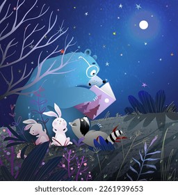 Bear reading book to animals bunny   raccoon at night under the stars   full moon  Cute animals reading fairy tales in forest at night  Hand drawn artistic vector illustration for children 