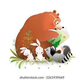 Bear reading book to animals bunny   raccoon  Cute animals reading tales literature  learning   education illustration for kids  Hand drawn artistic vector clipart illustration for children 