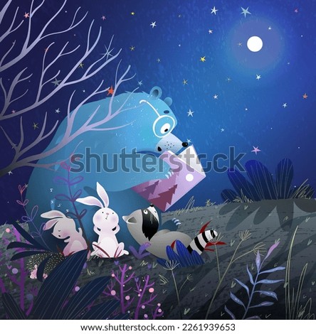 Bear reading a book to animals bunny and raccoon at night under the stars and full moon. Cute animals reading fairy tales in forest at night. Hand drawn artistic vector illustration for children.