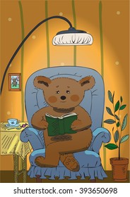 Bear reading a Book in the armchair. Hand drawn childish bear reading. Vector illustration.