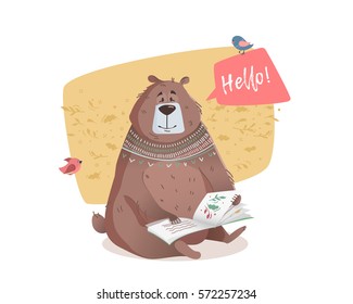Bear reading a book. Bear Character to print on a T-shirt, leaflet, poster, cover, book, printed on fabric. Vector illustration for children.