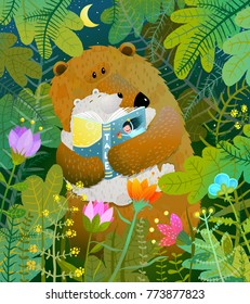 Bear Reading Book To Cub. Good Night Fairy Tale Before Going To Bed. Vector Illustration.