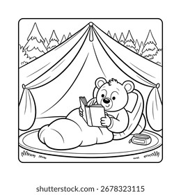 Bear reading book inside tent with trees in background sleeping bag