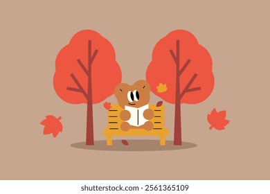 A bear reading a book on a bench under a tree. cute character