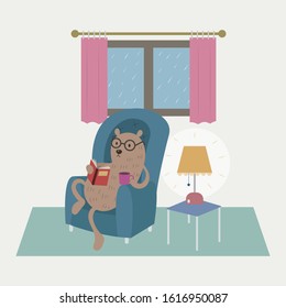 A bear reading a book on sofa vector illustration. A bear sitting on armchair reading a book in room with lamp and raining at the windows. A teddy bear reading book and drinking coffee vector cartoon.