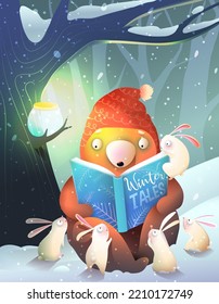 Bear reading book under big tree to rabbits in forest cold winter night, storytelling illustration for children library or school poster. Bear and bunnies animals in woods read book. Vector for kids.