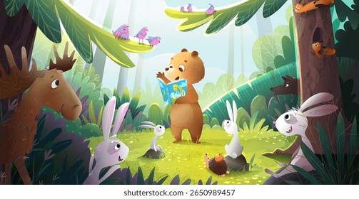 Bear reading a fairy tale book to animals in forest among trees. Animals in woods listening to bear reading story book, cartoon for kids. Vector storytelling nature illustration for children education