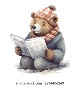 bear reading a magazine. cartoonish bear wearing a scarf illustration. Bear Character to print on a T-shirt, leaflet, poster, cover, book, printed on fabric. Vector illustration 