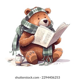 lean una revista. oso caricaturista con una ilustración de la bufanda. Carácter de oso para imprimir en una camiseta, folleto, afiche, portada, libro, impreso en tela. Ilustración del vector 