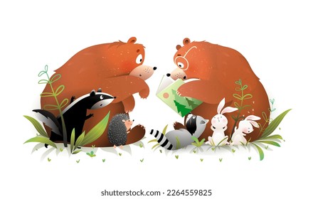 Bear reading story book to friends animals bunny badger   raccoon  Cute animals reading book  learning   education cartoon for kids  Hand drawn vector clipart illustration for children 