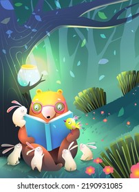 Bear Reading a Story Book to Rabbits or Bunnies in forest. Cute colorful animals cartoon for kids education and storytelling. Library and school illustration , vector isolated clipart.