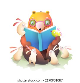 Bear Reading a Story Book to Rabbits or Bunnies. Cute colorful animals cartoon for kids education and storytelling. Library and school illustration , vector isolated clipart.