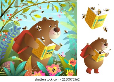 Bear reading studying book in the forest with bees reading a book, illustrations for kids story. Collection of clipart with reading forest animals and insects. Vector children cartoon collection.