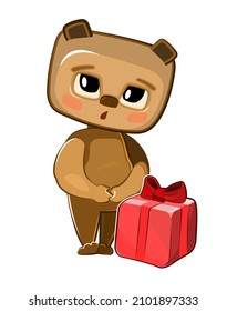 Bear Received A Gift. Red Box With Ribbon And Bow. He Is Embarrassed To Take. Childrens Illustration. A Happy Animal. Cartoon Style. Isolated Over White Background. Vector.