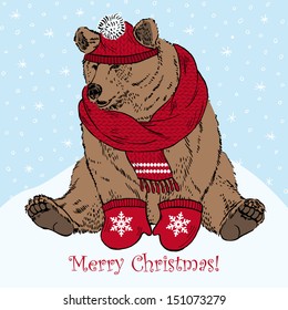 Bear in Red Knitted Hat, Scarf and Mittens slithering on Snow Hill, Merry Christmas Greeting Card