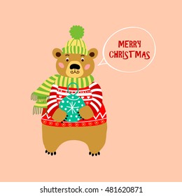 Bear in red knitted sweater. Merry Christmas greeting card. Vector illustration.