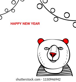 A bear with red nose and ears. Doodle. New Year greeting card.