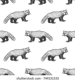 Bear red Panda. Seamless pattern with animals of China. Hand drawing of wildlife. Vector illustration art. Black and white. Old engraving. Vintage. Design for fabrics, paper, textiles, fashion.