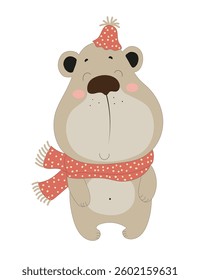 Bear in a red polka dot scarf, smiling. A lovely character for children’s and holiday projects.