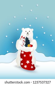 Bear with red present sack bag with snow falling on blue background, Christmas concept, vector illustration.