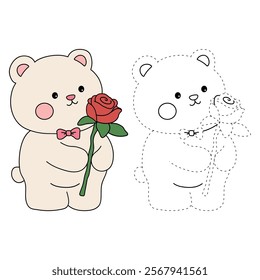 Bear with red rose flower valentine day illustration. Bear with red rose coloring page for valentine day theme. Valentine day card printable. Cute bear valentine clipart. Red rose flower romantic.