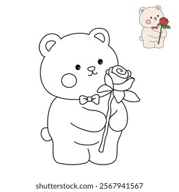 Bear with red rose flower valentine day illustration. Bear with red rose coloring page for valentine day theme. Valentine day card printable. Cute bear valentine clipart. Red rose flower romantic.