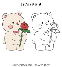 Bear with red rose flower valentine day illustration. Bear with red rose coloring page for valentine day theme. Valentine day card printable. Cute bear valentine clipart. Red rose flower romantic.