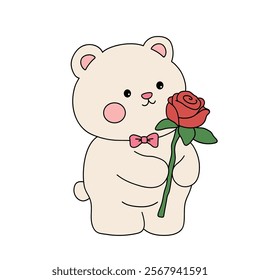 Bear with red rose flower valentine day illustration. Bear with red rose coloring page for valentine day theme. Valentine day card printable. Cute bear valentine clipart. Red rose flower romantic.