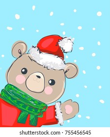 Bear with red scarf, red christmas hat vector illustration