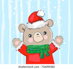 Bear with red scarf, red christmas hat vector illustration