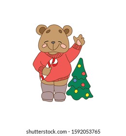 Bear in a red sweater with candy in the paw next to the Christmas tree. Decorative element for postcards, greetings, labels, stickers.