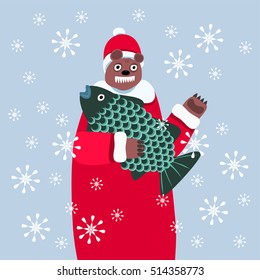 Bear in red and white winter clothes, laughing, teeth showing, carries big fish. It is snowing. Mixed associations on Christmas theme.