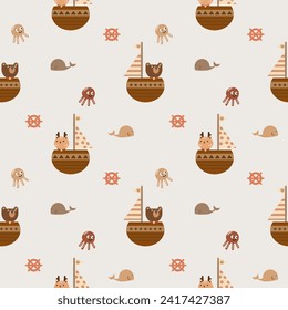 Bear and reindeer in the boat cartoon so cute. On whale squid boat steering wheel background. Welcome autumn. Pattern seamless vector illustration. 