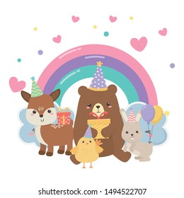 Bear reindeer rabbit and chicken with happy birthday icon design