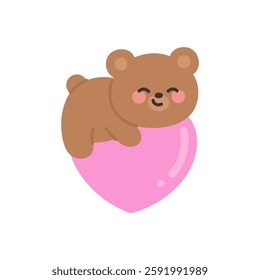 Bear Relaxing Happily on a Glossy Pink Heart Vector Illustration