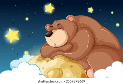 A bear rests on the moon under stars