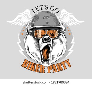 Bear in a retro bikers helmet, glasses and with a wings. Creative poster, t-shirt composition, hand drawn style print. Vector illustration.