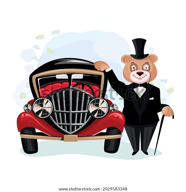 Bear in retro clothes and a retro car. Bear is a\
gentleman. Fashion and the car of the 19th century. Vector\
illustration in cartoon\
style.