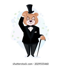 Bear in retro clothes. Bear gentleman with walking stick and tselindr hat. Vector illustration in cartoon style.