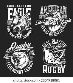 Bear, rhino and eagle mascots and t-shirt prints for sport club, vector badges. Rugby players and football soccer league team or moto bikers club t-shirt prints with mascot bear, rhinoceros and eagle