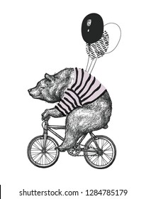 Bear Ride Bicycle Balloon T-shirt Print. Vintage Mascot Cute Fun Grizzly Cycle Bike Isolated on White. Blackwork Tattoo Animal Character Black Sketch. Outline Grunge Teddy Flat Vector Illustration