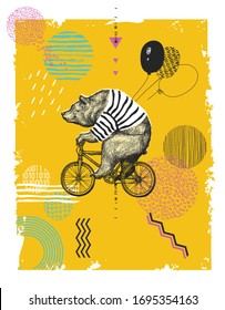 Bear Ride Bicycle Balloon T-shirt Print. Vintage Mascot Cute Fun Grizzly Cycle Bike Isolated on White. Blackwork Tattoo Animal Character Black Sketch. Outline Grunge Teddy Flat Vector Illustration